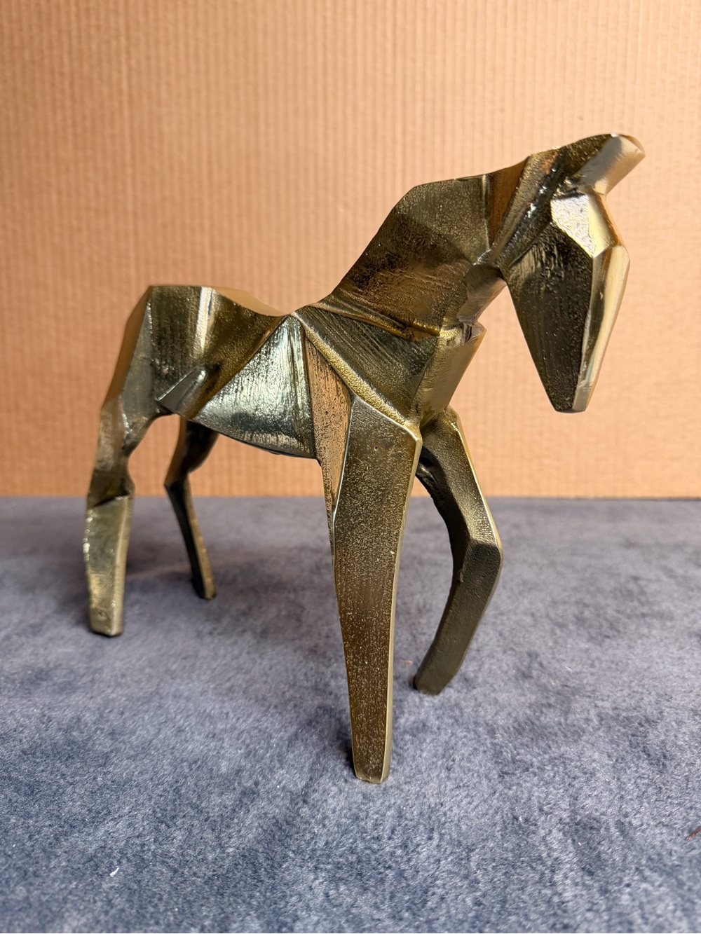 Geometric Gold Tone Metal Horse Figurine Origami Style Abstract Sculpture